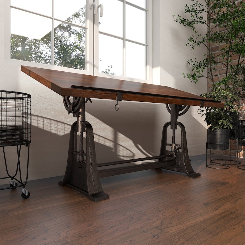 Teak Wood Drafting Style Desk with Tilting Top and Crank Height Adjustment - Brown - Roche River Decor