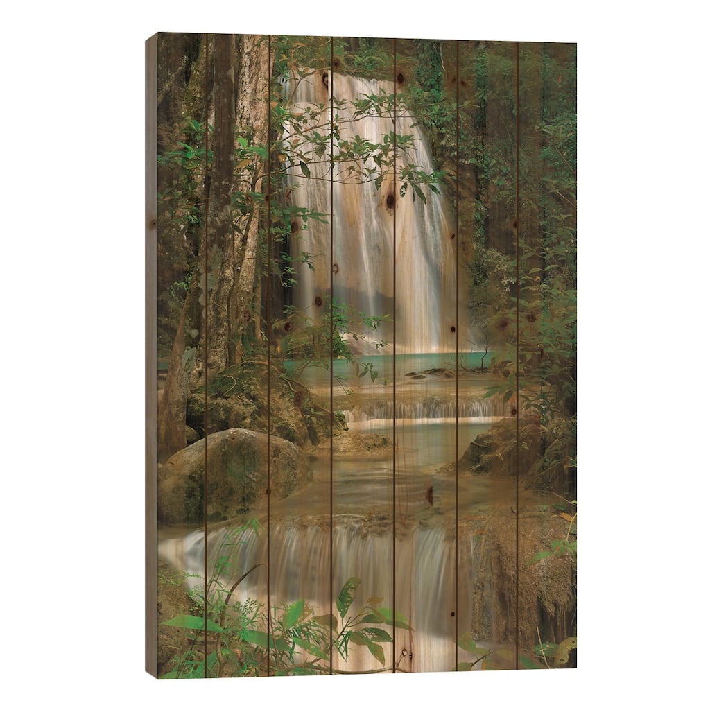 Seven Step Waterfall In Monsoon Forest, Erawan National Park, Thailand Print On Wood by Thomas Marent - Multi-Color