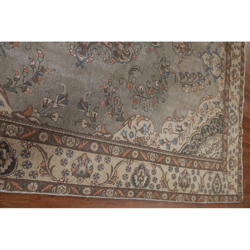 Hand Knotted Oriental 100% Wool Carpet Traditional Medallion Greys & Charcoal Tabriz Area Rug - 10' 9'' X 7' 2''