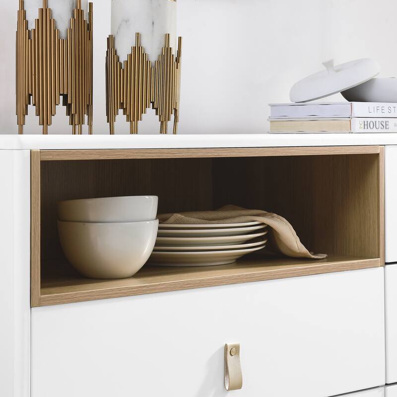 Modern 5 Drawer 55.12 in. Dresser Wood Storage Cabinet with Leather Handle, Open Shelf Drawer Cabinet