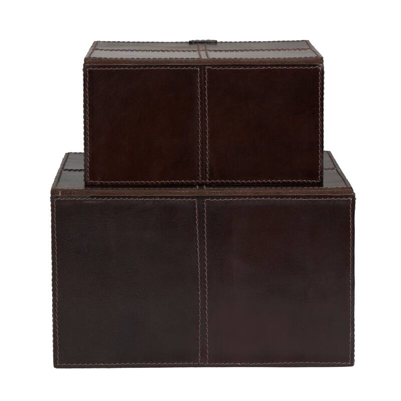 Dark Brown Leather Storage Box with Snap Front Closure and Detailed Stitching (Set of 2)