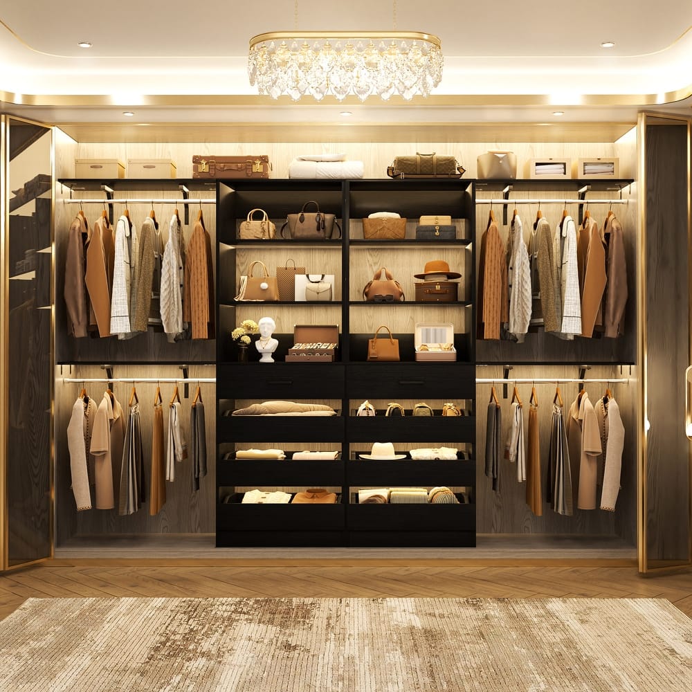 Set of 2 Closet System with Wooden Drawers and Hanging Rods, Closet Organizer with Adjustable Storage Shelves