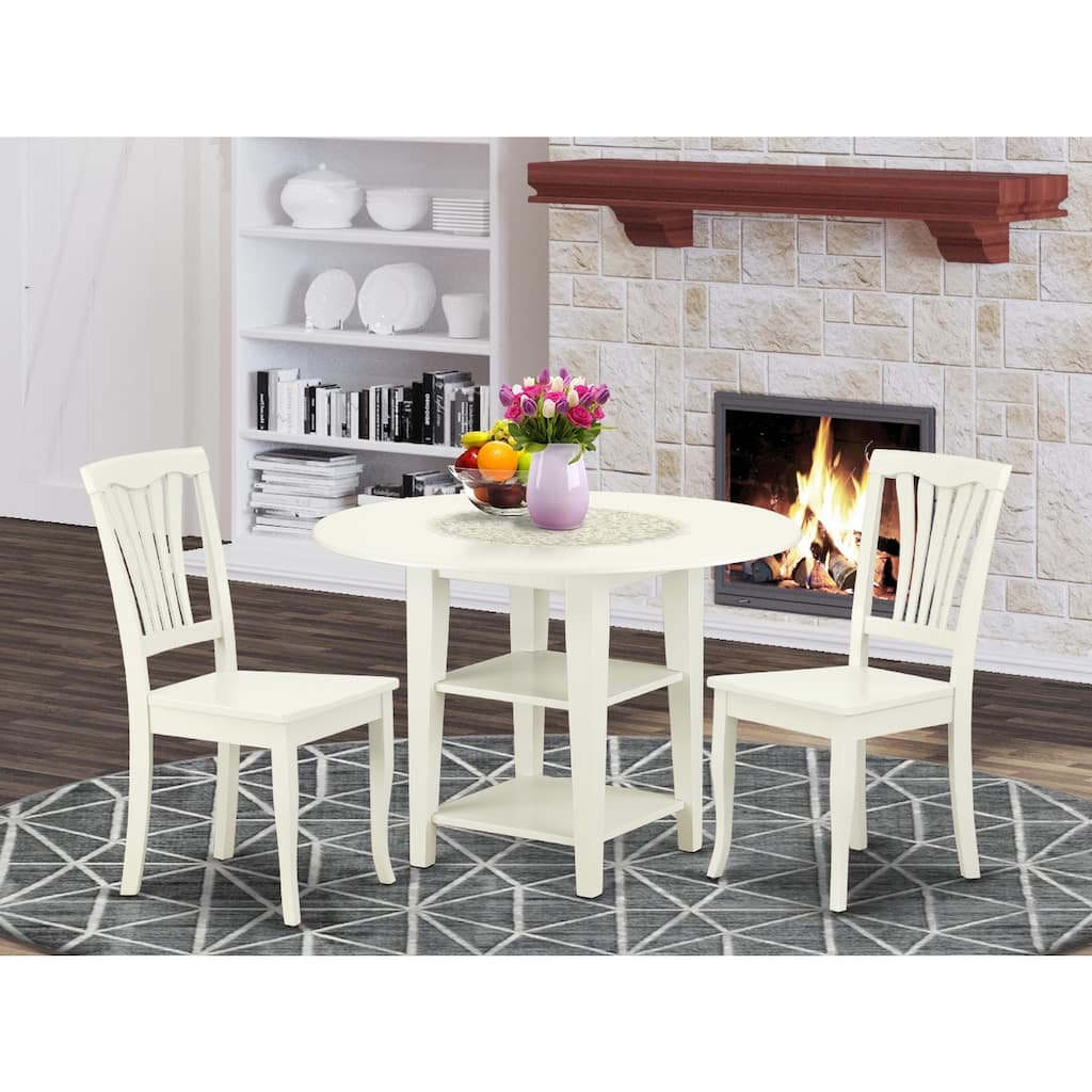 Round Drop Leaf Dining Set - 3pc Table & Chair Set - Linen White Finish - Modern Kitchen Dining Room Furniture