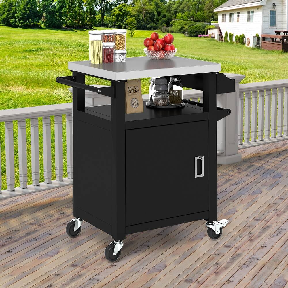 25 Inch Outdoor Kitchen Rolling Bar Cart With Stainless Steel Top, Grill Table With Storage Cabinet For Patio