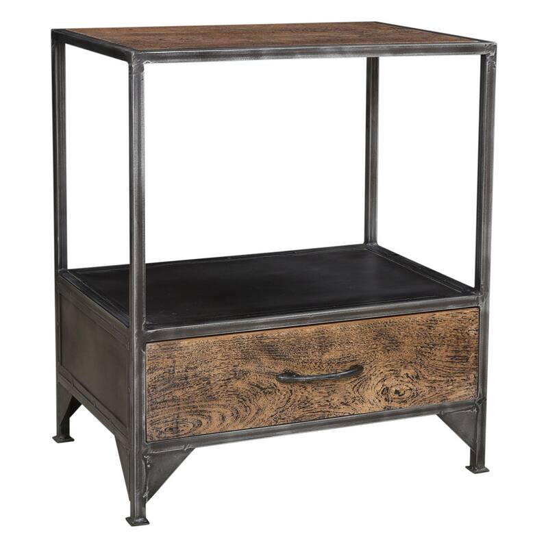 HomeRoots 28" Brown And Dark Gray Steel and Solid Wood Distressed One Drawer Nightstand
