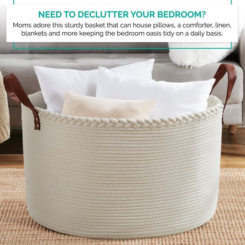 Large Round Cotton Rope Storage Basket Laundry Hamper with Leather Handles, 21 x 21 x 14 - 21" x 21" x 14"
