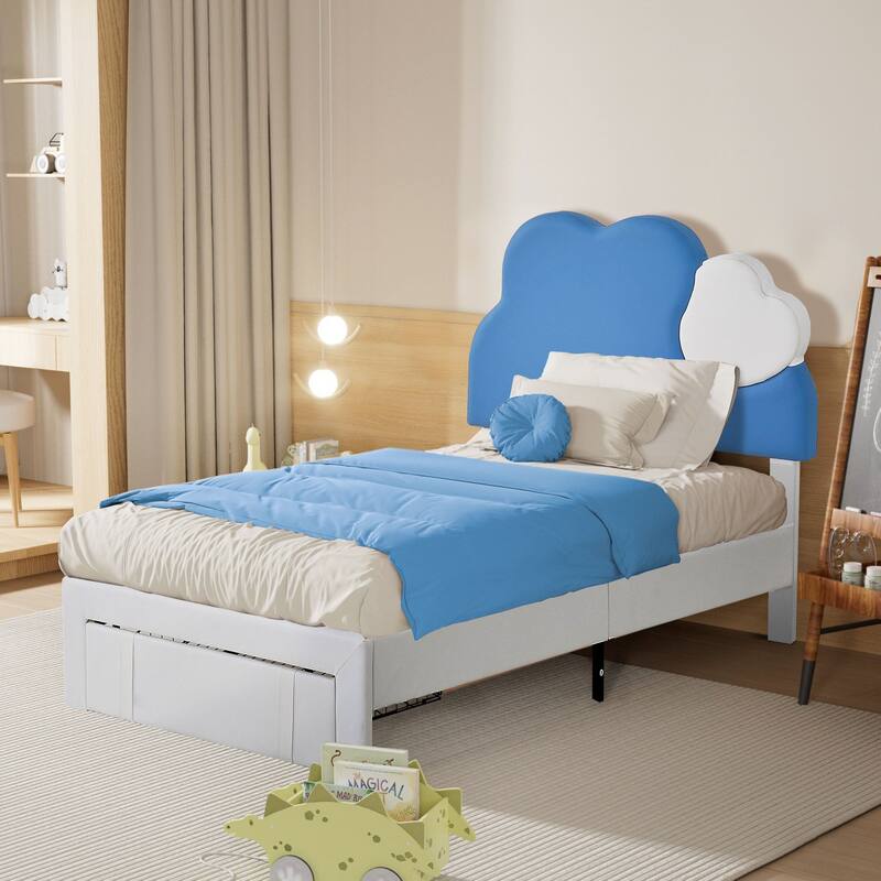 VECELO Twin Bed Upholstered Bed Frame with Storage Drawer, Platform Kids Bed Frames with Cloud-Shaped Headboard