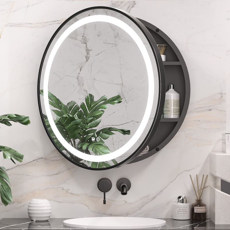 Keonjinn LED Metal Framed Round Medicine Cabinet with Mirror for Vanity, 3 Color Temperatures