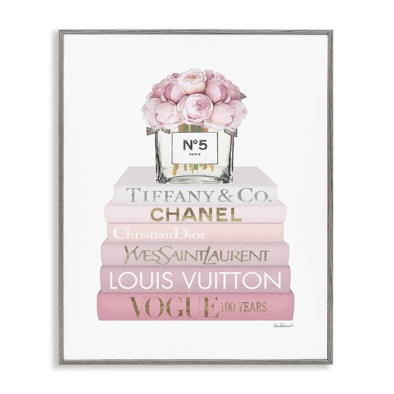 Stupell Pink Rose Bouquet Fashion Style Bookstack Framed Wall Art - 16 x 20 - Grey