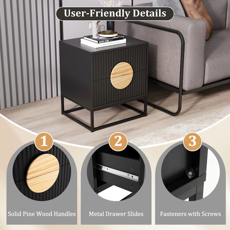 Modern Wooden Fluted Nightstand with 2 Storage Drawers and Metal Base for Bedroom
