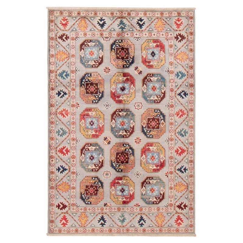 ECARPETGALLERY Hand-knotted Uzbek Ghazni Grey Wool Rug - 4'0 x 6'0 - Light Grey - 4'0 x 6'0
