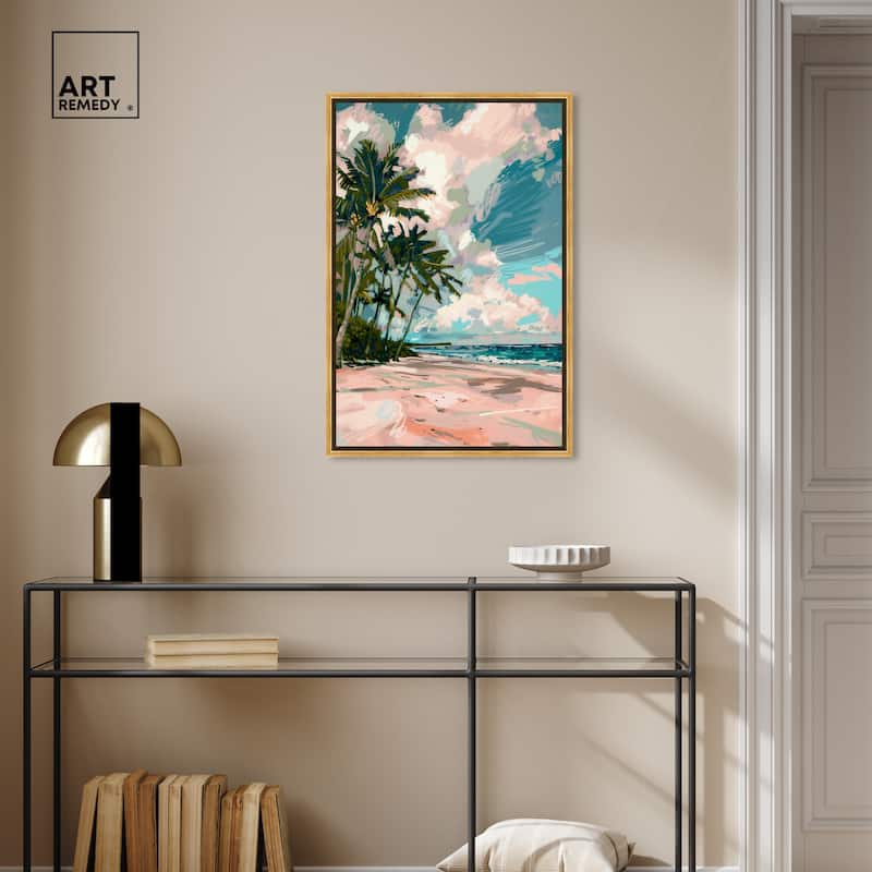 Art Remedy Palms Under The Sun Framed Colorful Coastal 1 Piece Canvas Wall Art