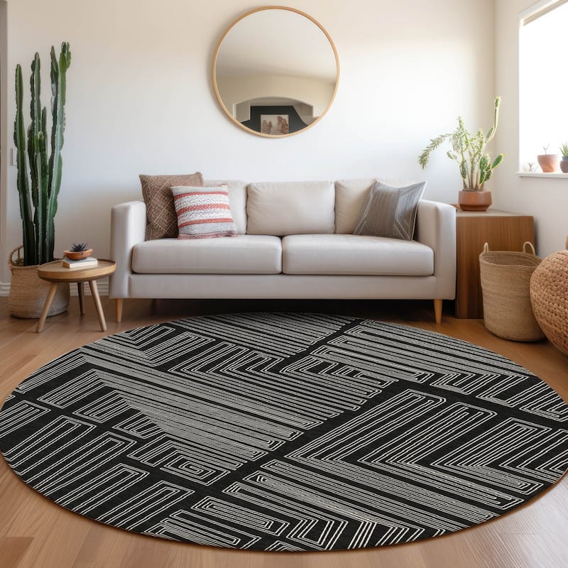 Machine Washable Indoor/ Outdoor Contemporary Stack Chantille Rug - Black - 8' x 8'