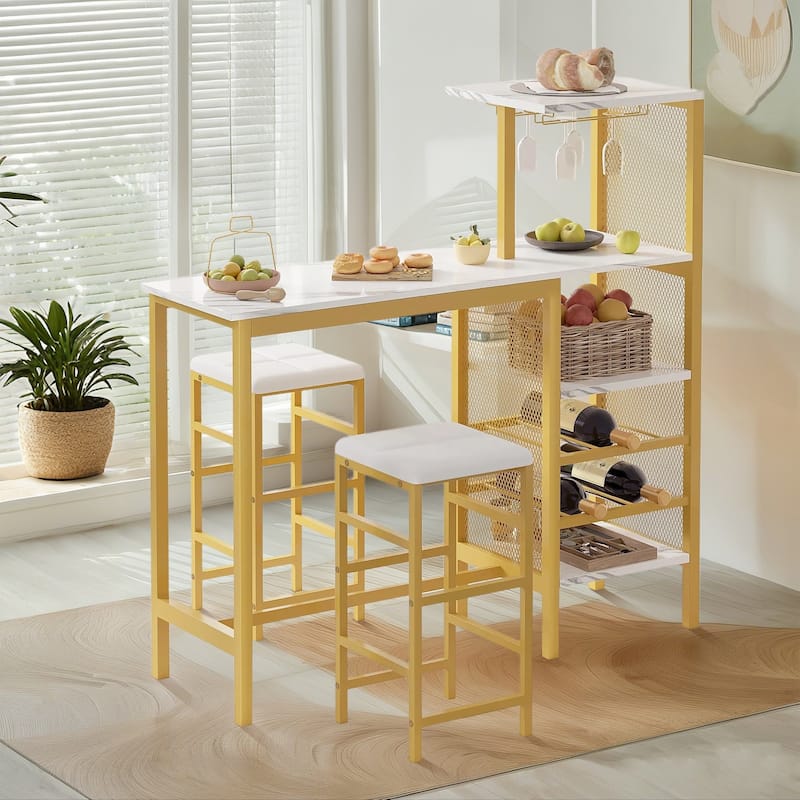 Javlergo 3-Piece Bar Table Set with 2 PU Leather Wine Rack Wine Glass Holder Compact Design for Small Spaces - Gold