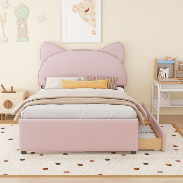 slide 2 of 58, Upholstered Platform Bed with Cartoon Ear Headboard and Drawers