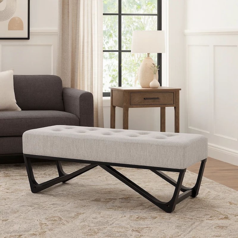 Liba Ottoman Bench, Button Tufted Beige Fabric, Black Frame, 47 Inch