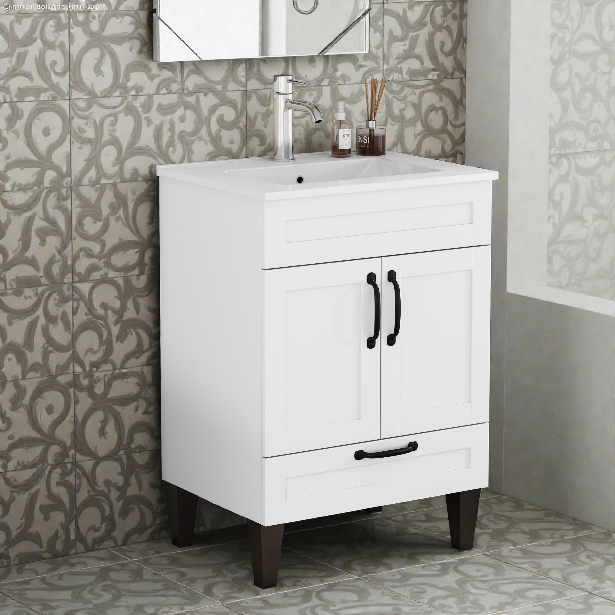 24-Inch Bathroom Vanity with Cabinet, 2 Doors & 2 Soft-Close Drawers, Black Metal Handles & Feet, Easy Assembly - Particle Board