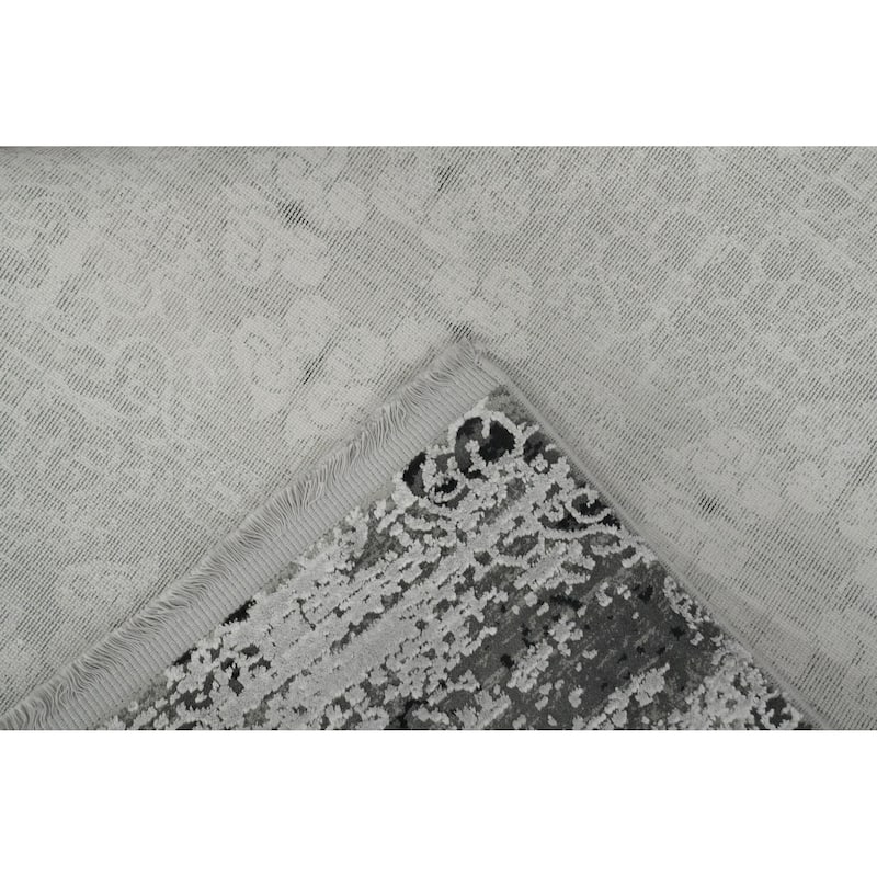 Machine Made Oriental Polyester Carpet Geometric Greys & Charcoal Distressed Area Rug - 7' 5'' X 5' 2''
