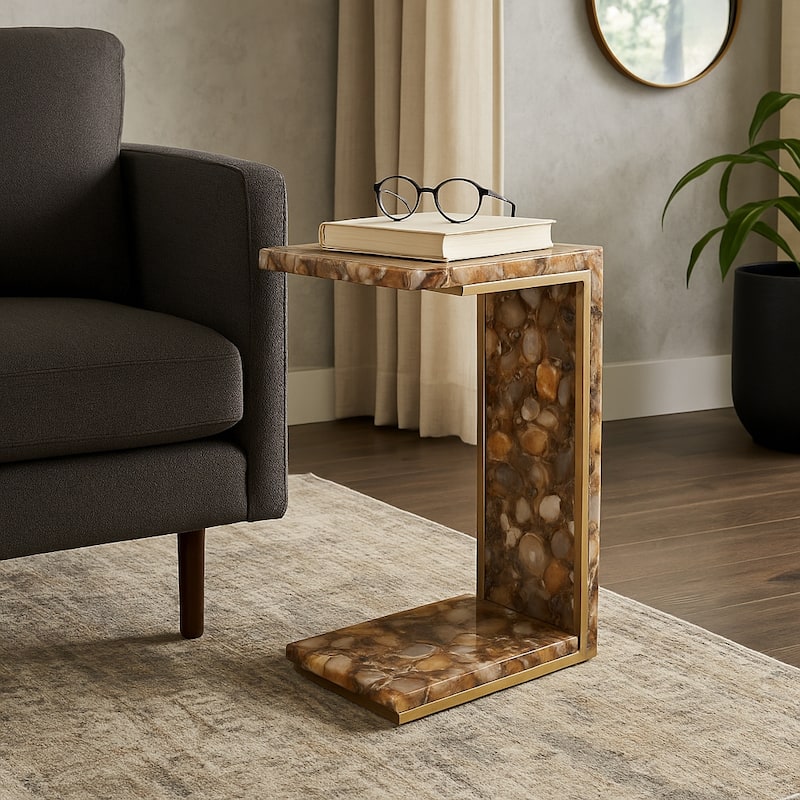 Stone Metal Accent Table Modern C-Shape Glam Finish - 25" Brown - 14" x 10" x 24.75"