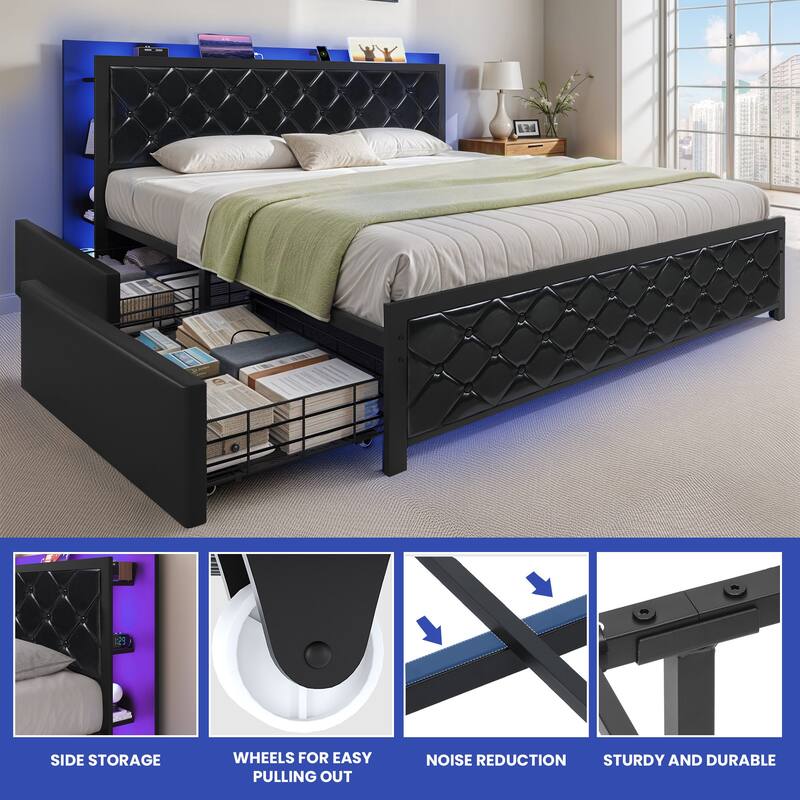 Moasis Queen Bed Frame with Headboard & 4 Storage Drawers, Modern Upholstered Faux Leather Platform Bed