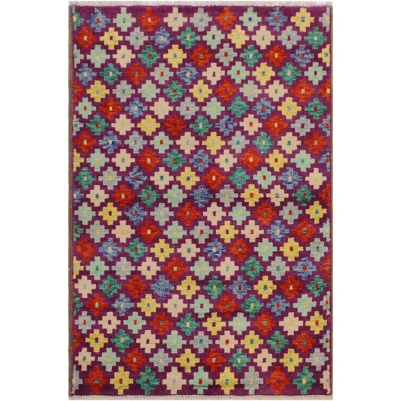 Shabby Chic Balochi Dickson Purple/Beige Hand Knotted Wool Rug - 3'6'' x 4'10''