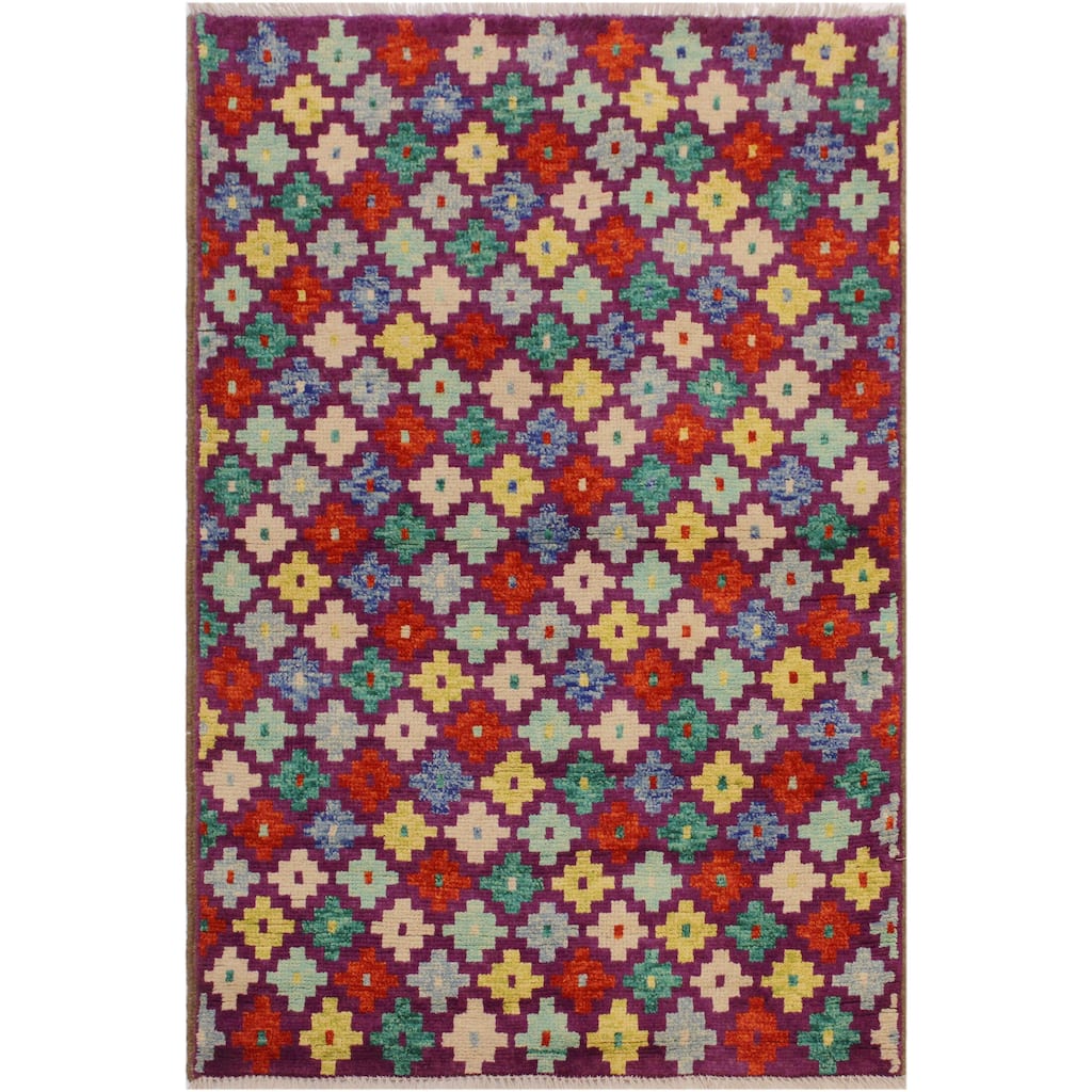 Shabby Chic Balochi Dickson Purple/Beige Hand Knotted Wool Rug - 3'6'' x 4'10''
