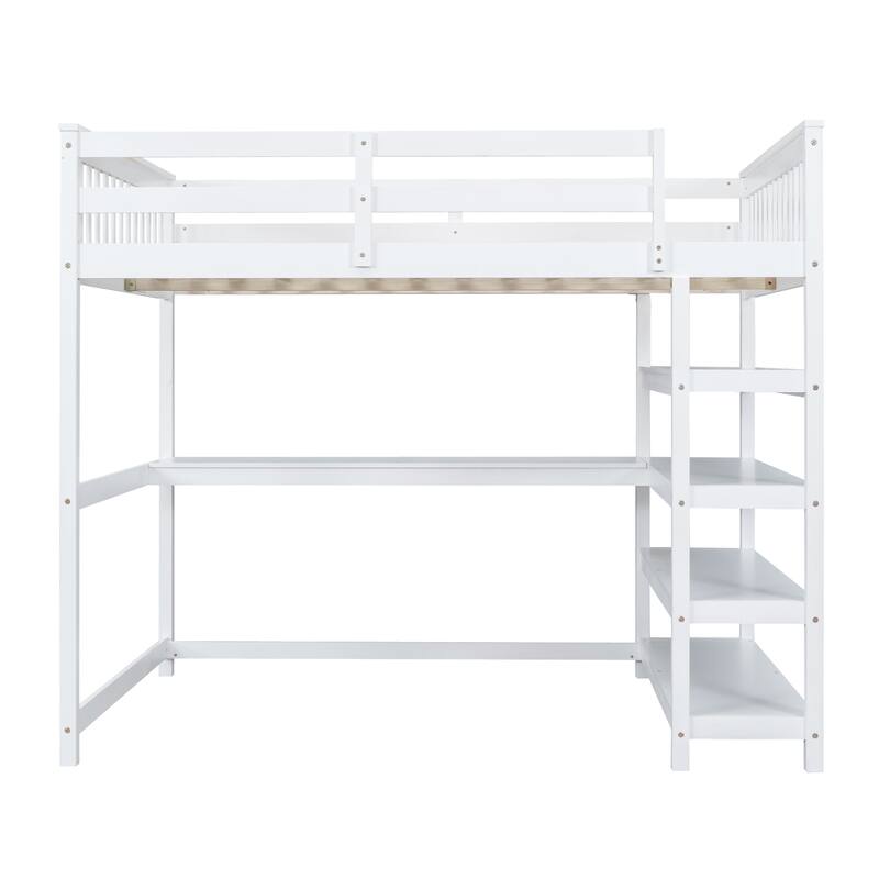 Twin/Full Loft Bed with Desk and Shelves, Wooden Loft Bed for Children's Bedrooms, Small Space, Space-Saving