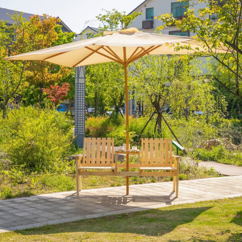 Outsunny Outdoor Patio Wooden Double Chair Garden Bench with Middle Table & Natural Weather-Fighting Materials - 60" x 28" x 31 - Natural Wood