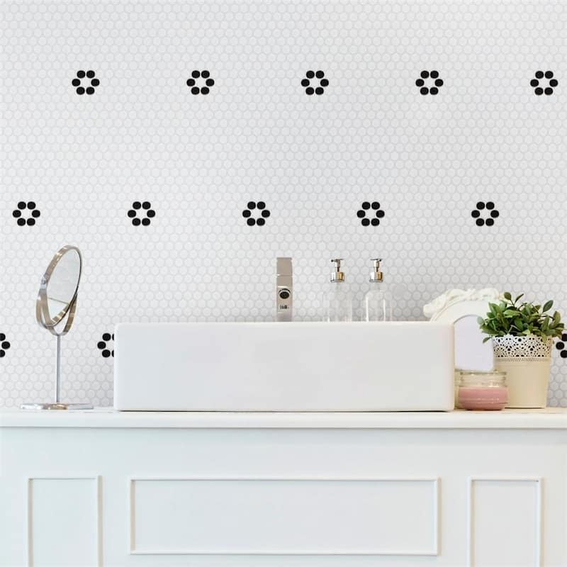 Merola Tile Metro Penny Matte White w/ Black Flower 9-3/4" x 11-1/2" Porcelain Floor and Wall Tile