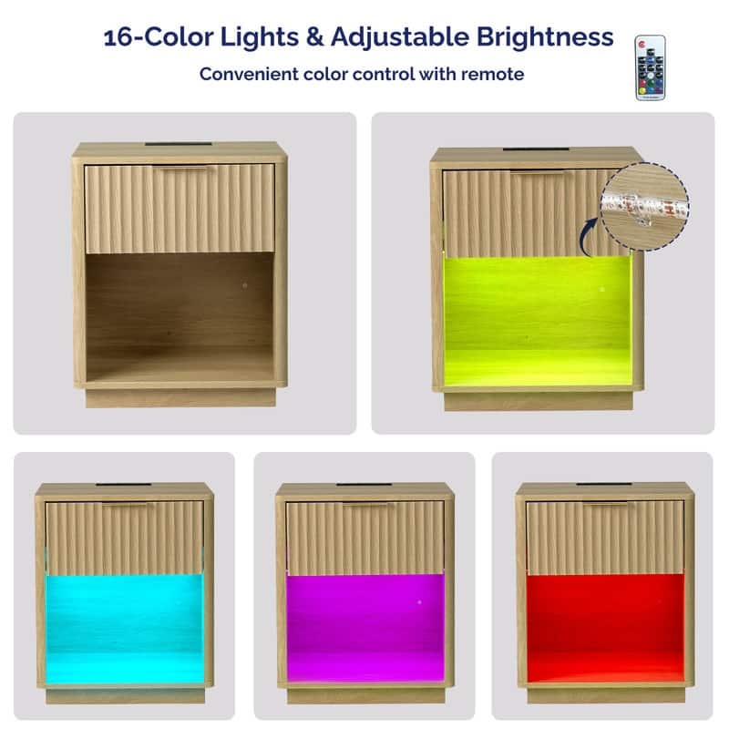 Nightstand 1 Drawer Lower Shelf P2 MDF 19 inches with USB RGB Lights Grid