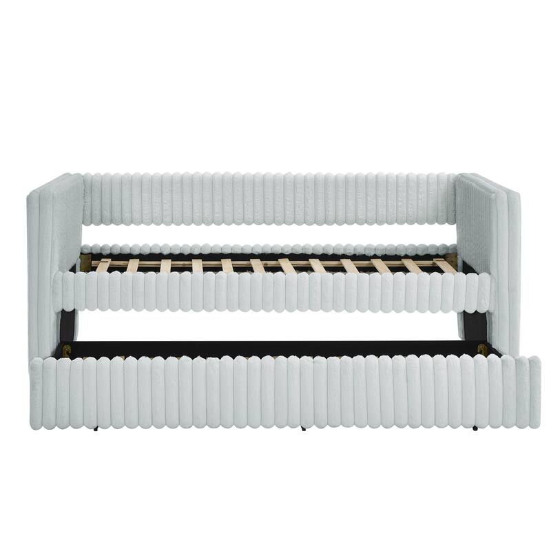Twin Upholstered Daybed with Pull-Out Trundle, Modern Striped Corduroy Fabric Sofa Bed with Armrests, Space-Saving Sleeper
