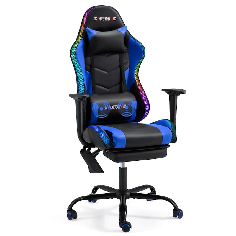EROMMY RGB LED Gaming Chair with Massage Lumbar Support & Footrest, Ergonomic Reclining Computer Chair for Adults - Blue
