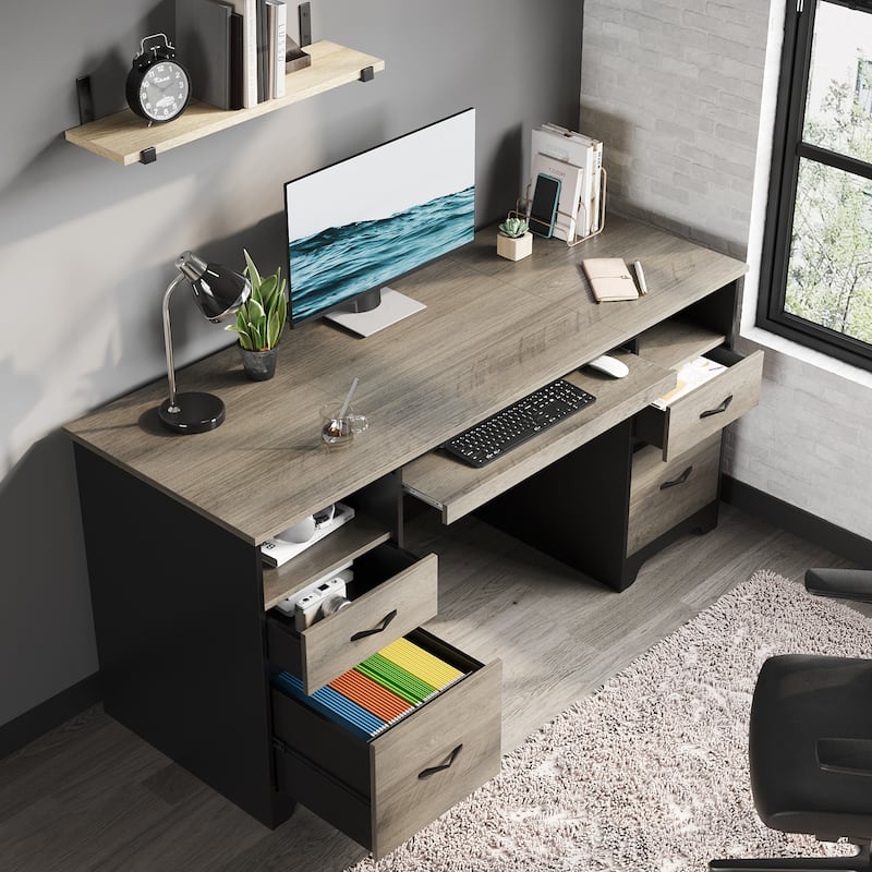 59'' Executive Desk with 2 File and Storage Drawers, Computer Desk with Keyboard Tray and 2 Open Compartments
