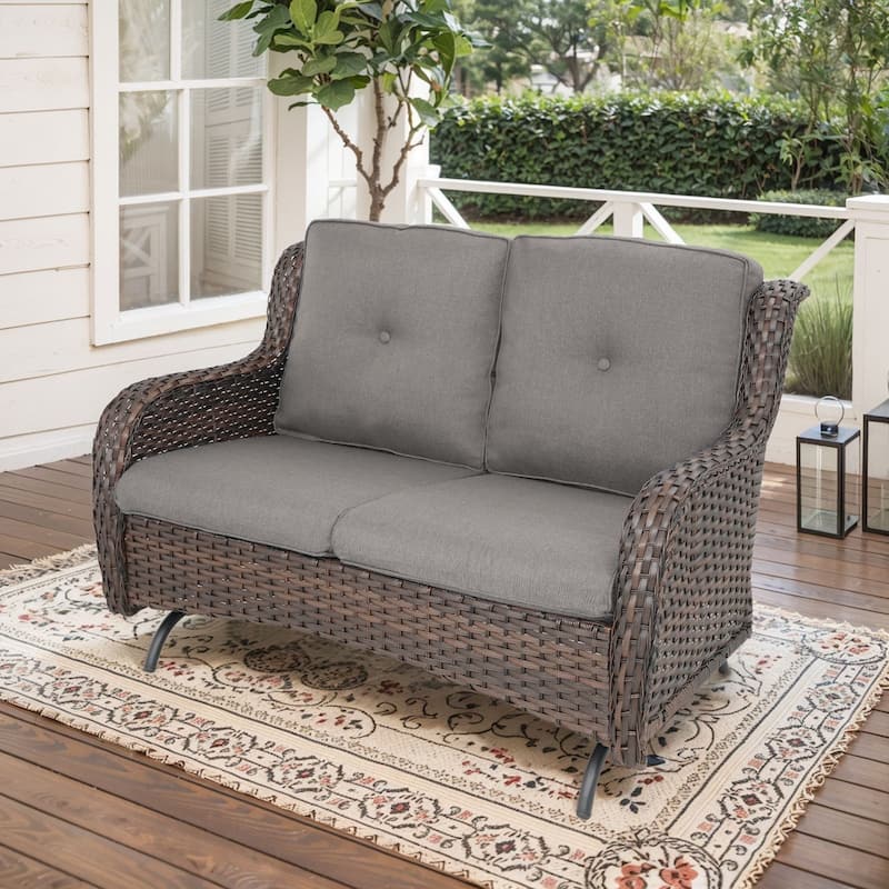Gymojoy 2 Seat Stylish Patio Loveseat Glider Sofa with Water-Resistant Olefin Cushions - 1-Piece - Brown Wicker / Grey Cusion