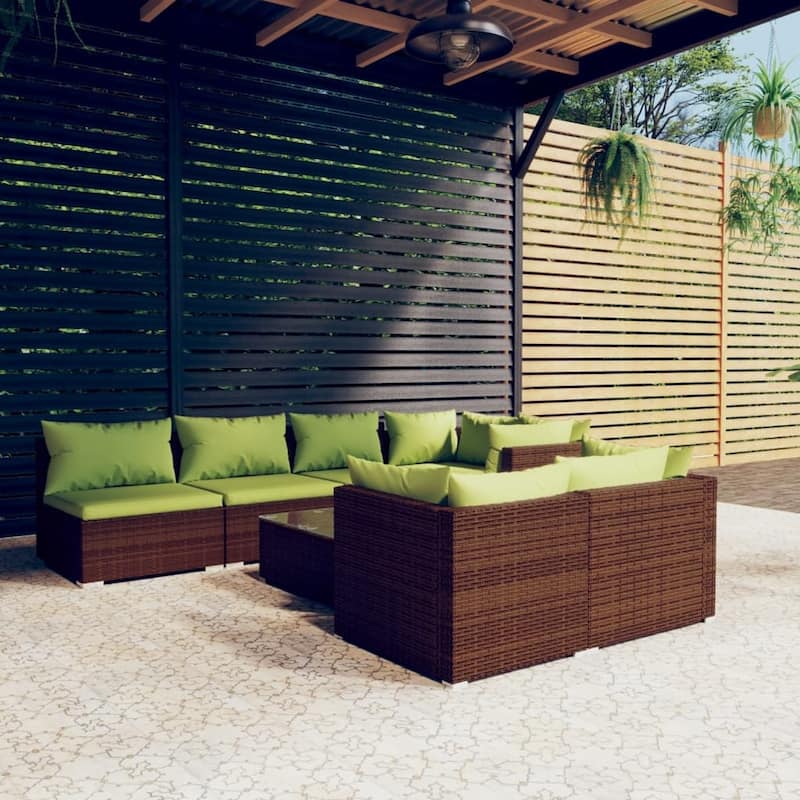 vidaXL Patio Lounge Set with Cushions Brown Poly Rattan - 27.6" x 27.6" x 24" - 27.6" x 27.6" x 24" - Brown/Green 11 x Back pillow