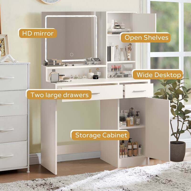 Dressing Vanity Desk with Drawer, Mirror & LED Light Strip, 3 Adjustable Brightness Modes