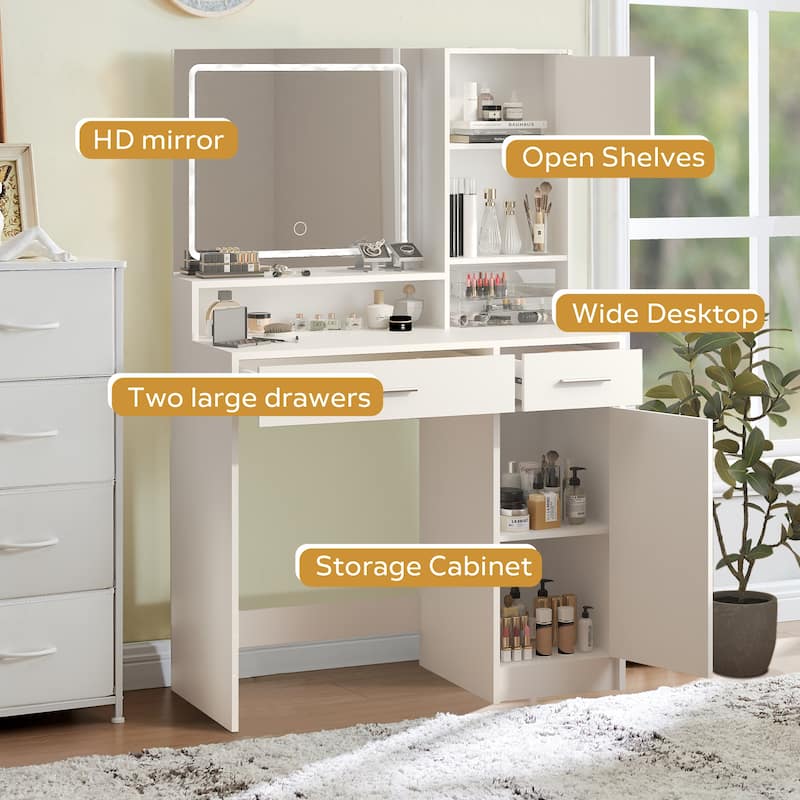 Modern Vanity Desk with Mirror, LED Light Strip and Storage