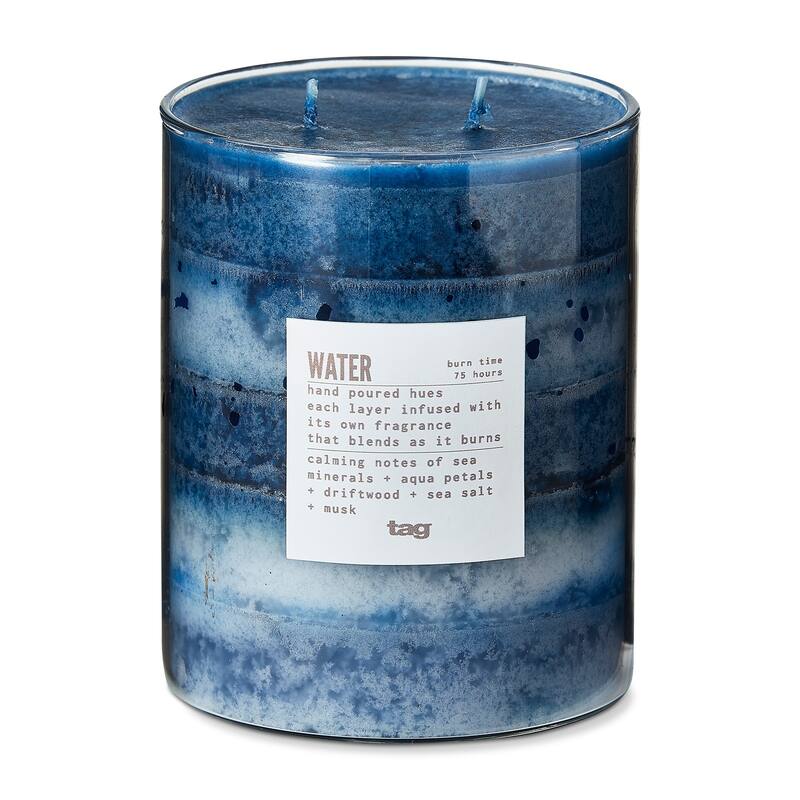 Water Themed Scented Paraffin Wax Pillar Candle Wide, Blue, 4x5 inch, Burn Time 75 Hours