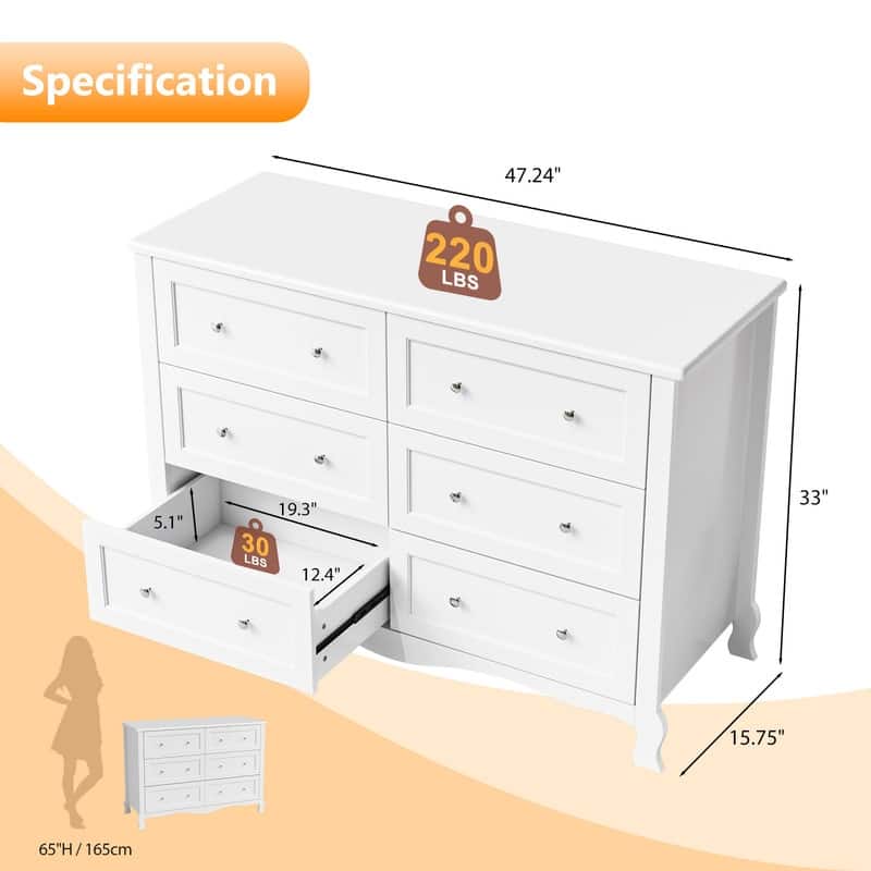 White P2 Density Board Painted 47.2in 6-Drawer French Curved Legs