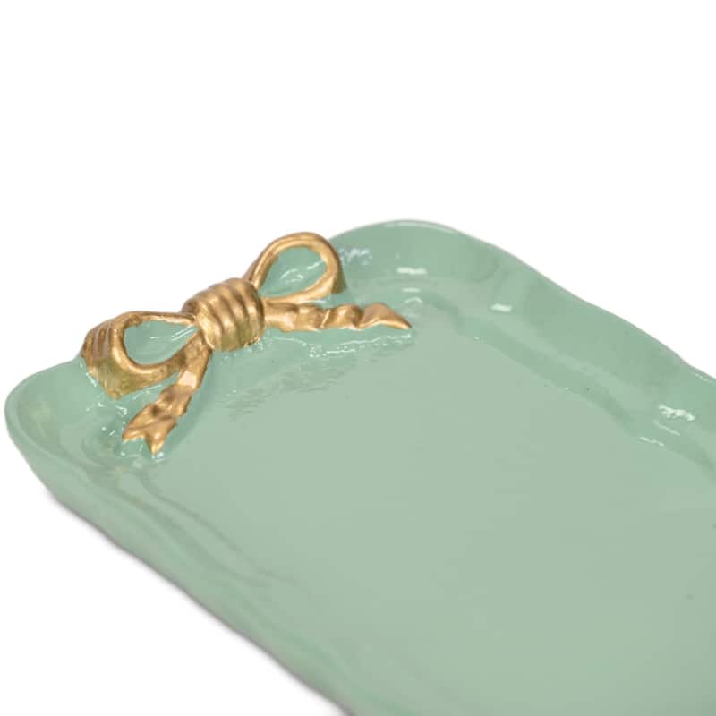 HomeRoots 8" Aqua And Gold Cast Iron Ribbons Vanity Tray - 7.50 in. x 0.50 in. x 4.50 in.