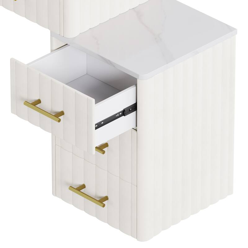 Velvet Upholstered Makeup Vanity Desk with 5 Storage Drawers, Marble-Look Sticker Top Dressing Table and Padded Makeup Chair Set