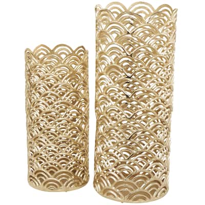 Aluminum Metal Geometric Art Deco Inspired Decorative Vase with Arch Designs - Set of 2 Gold or Silver - Roche River Decor