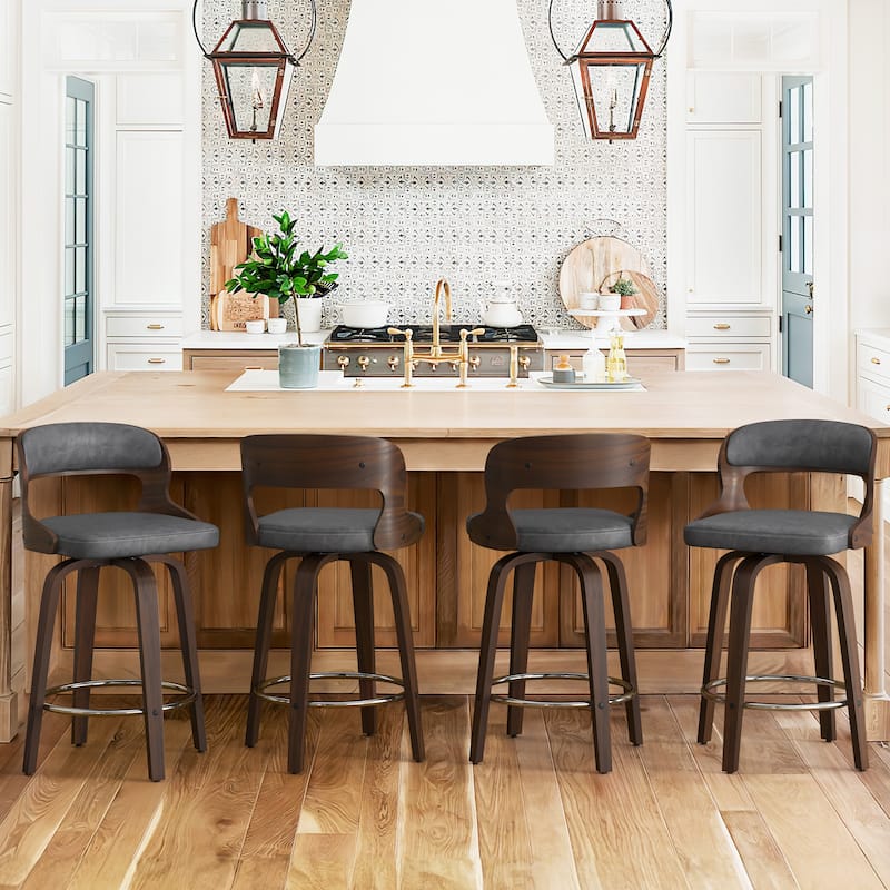 PU Leather 26in. Swivel Barstool Counter Height Low Back Solid Wood Stool for Kitchen Islands with Curved Backrest - Set of 4 - Grey