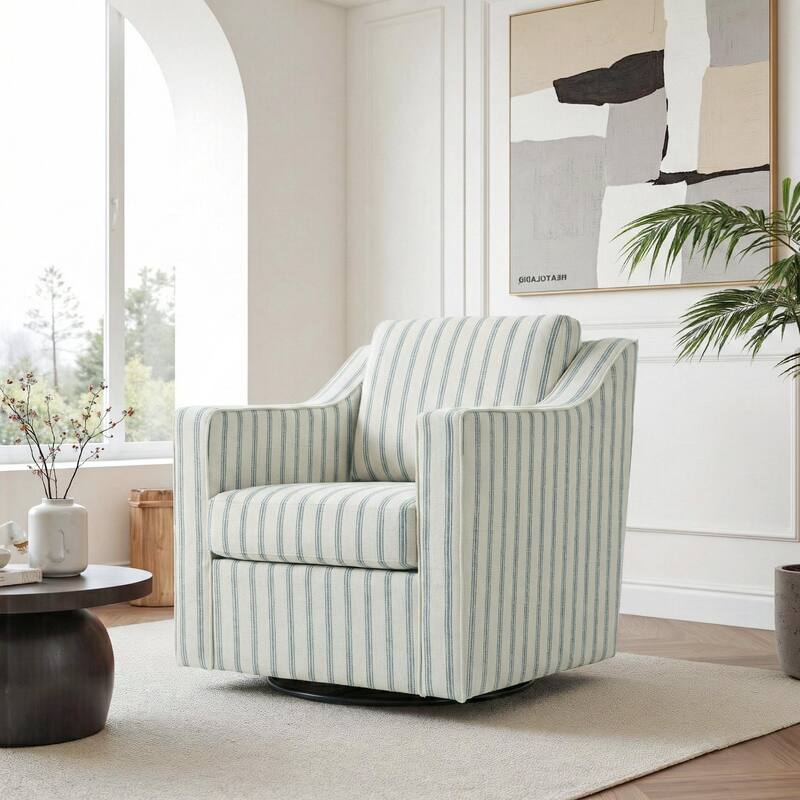 UIXE Chenille/Leather Swivel Barrel Chair Accent Chairs For Living Room - Fabric - PinStripe Light Blue