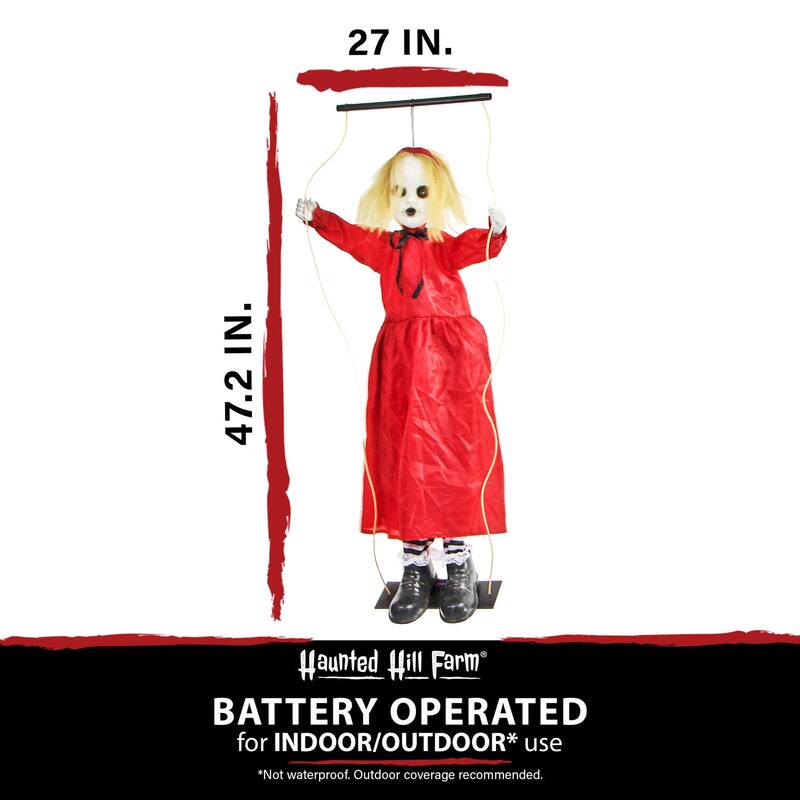 Haunted Hill Farm 47-In. Red the Animated Swinging Zombie Girl, Indoor or Covered Outdoor Halloween Decoration, Battery Operated