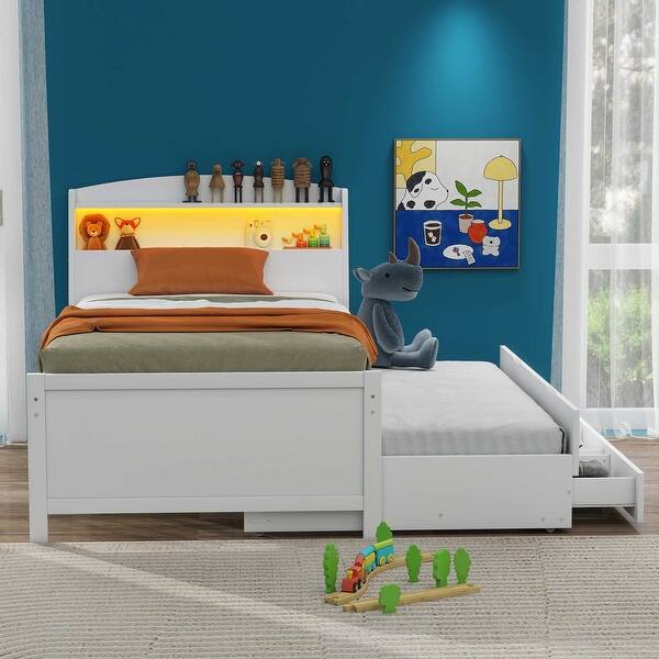 slide 2 of 14, Twin Platform Bed with LED Headboard, Trundle, and 3-Storage Drawers, White White