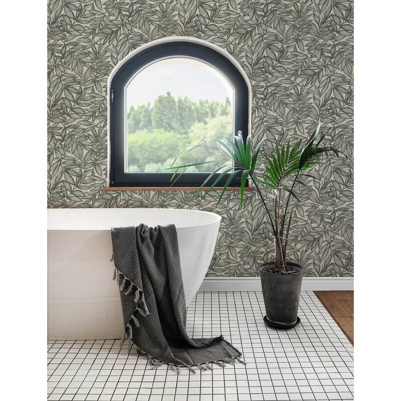 A-Street Prints Rhythmic Charcoal Leaf Wallpaper