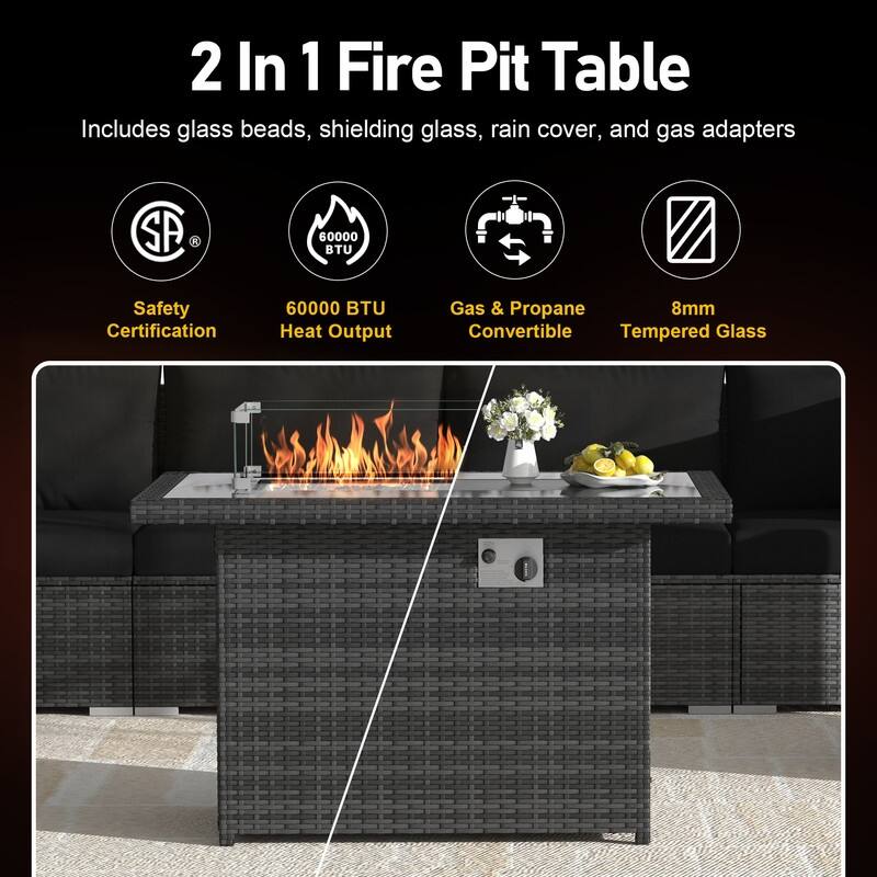 7 Piece Outdoor Sectional Modular Wicker Patio Conversation Set with 43'' Fire Pit Table and Cushion