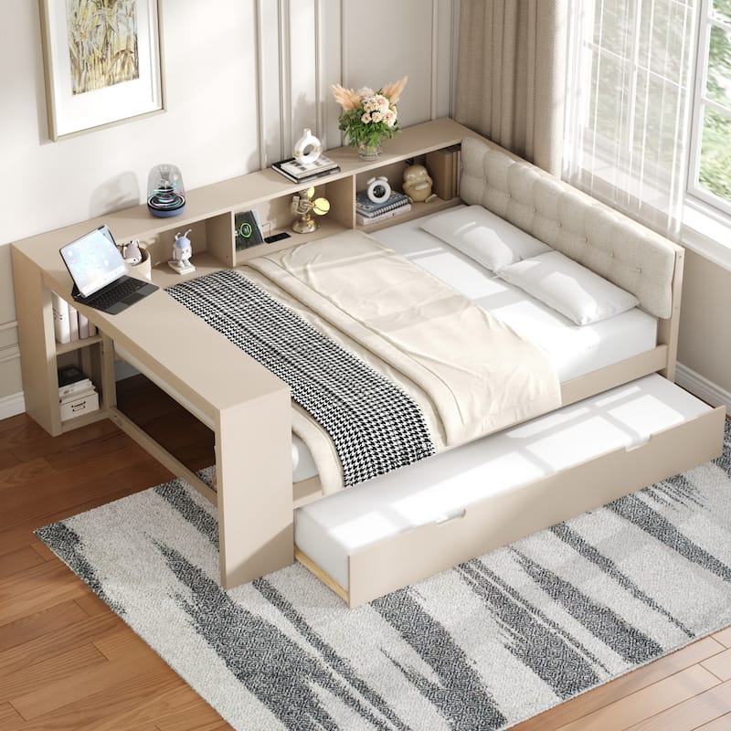 Upholstered Sofa Bed, Wood Daybed, L-shaped Bed Frame with Desk, Shelves, Charging Station, and Optional with Trundle or Drawers - Cream with Trundle - Full