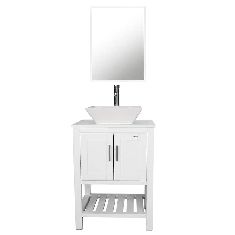 24" Bathroom Vanity Set Ceramic/ Tempered Glass Vessel Sink White Cabinet Combo Mirror Faucet Free-standing - white ceramic square sink